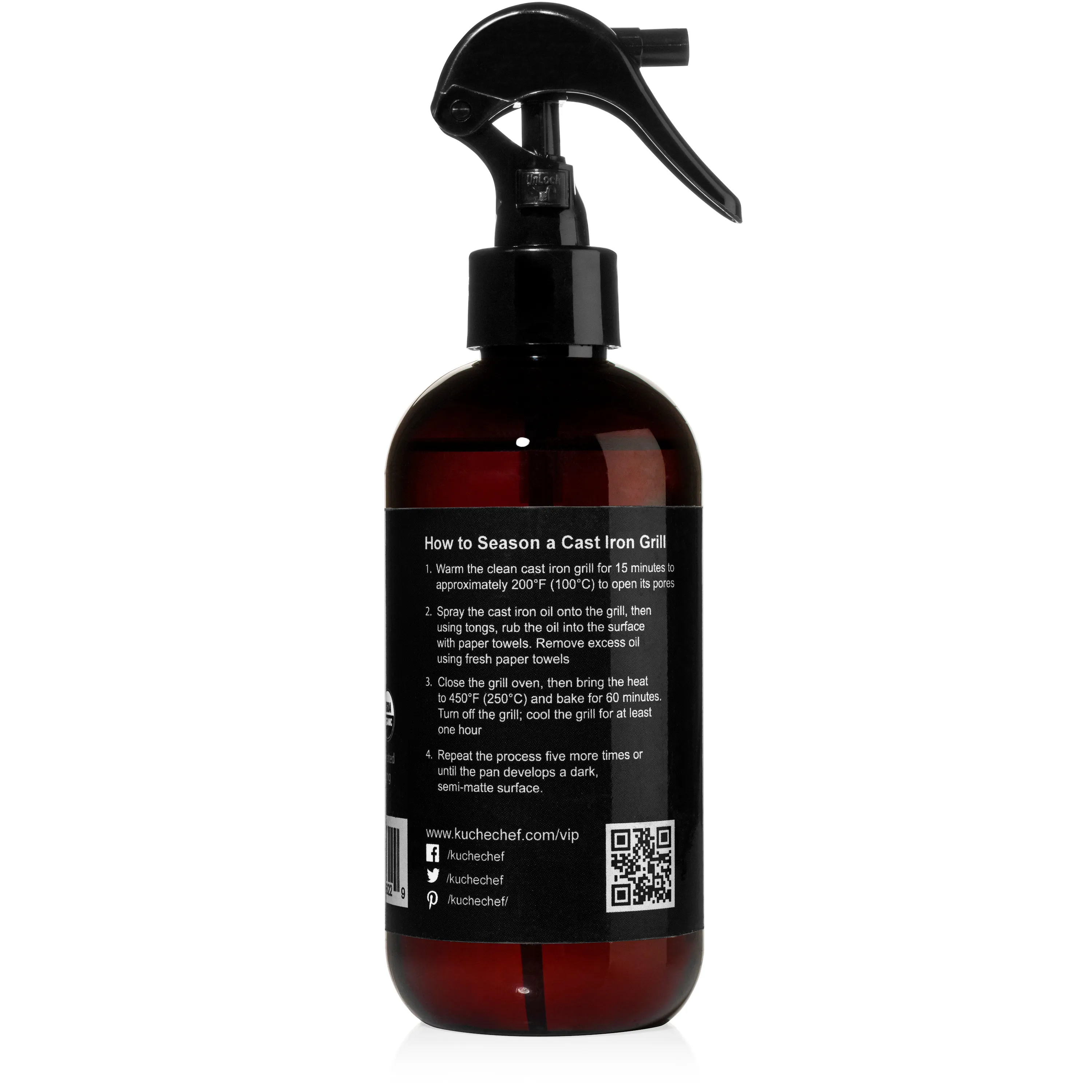 Back label of the Cast iron grill oil bottle with printed seasoning steps
