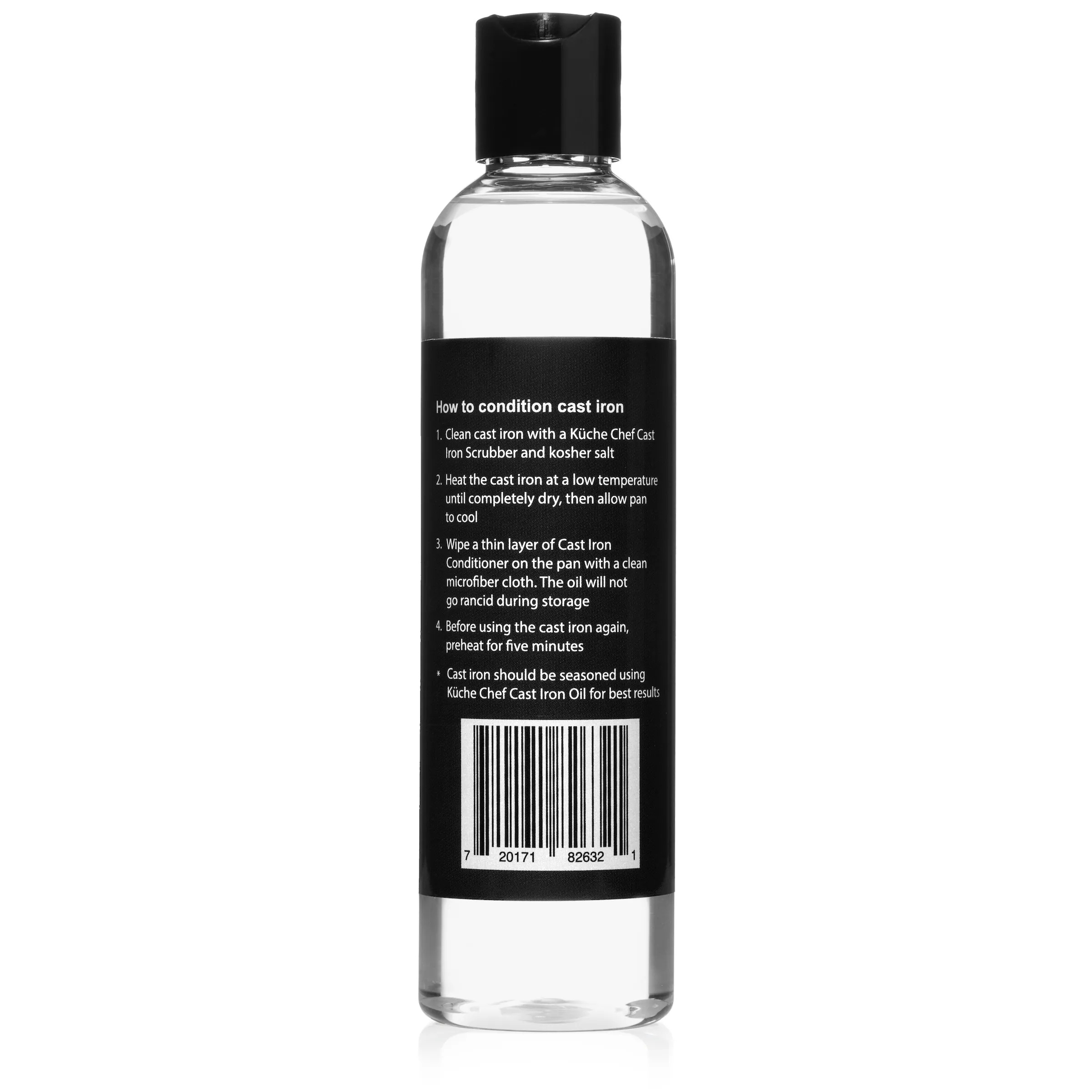 Back label of the Cast iron conditioner bottle with printed conditioning steps
