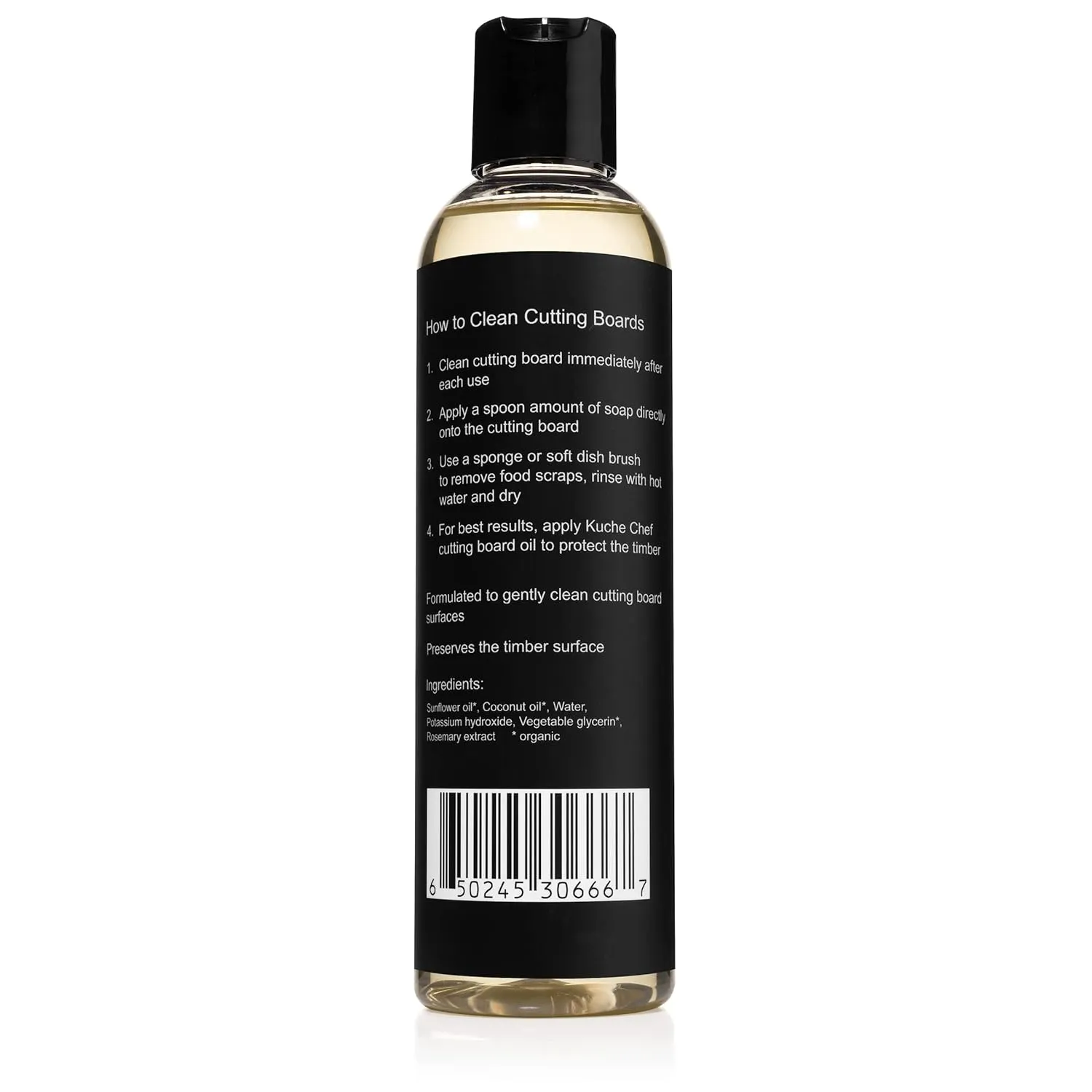 Back label of the Cutting board soap bottle with cleaning directions