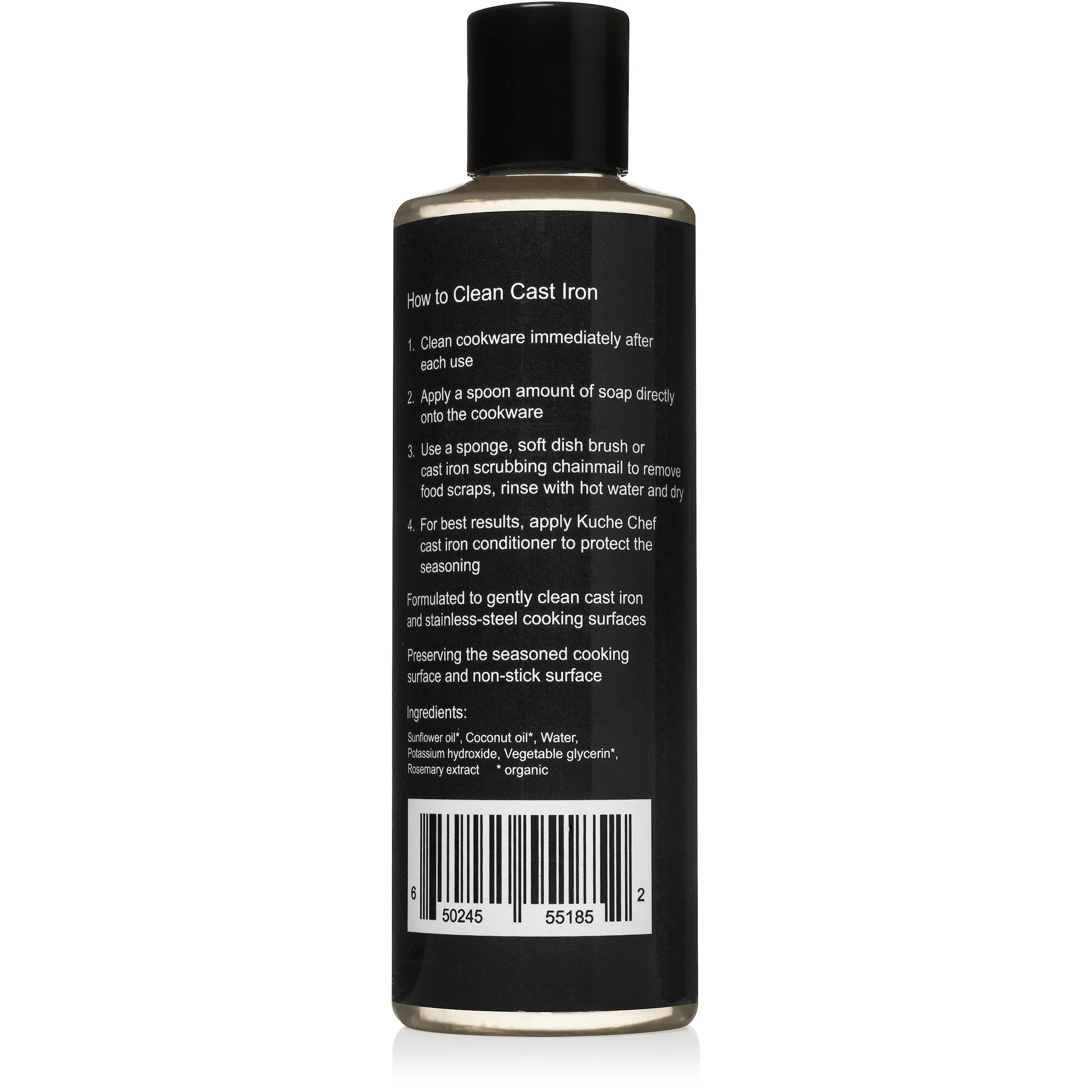 Back label of the Cast iron soap bottle with washing directions and ingredients
