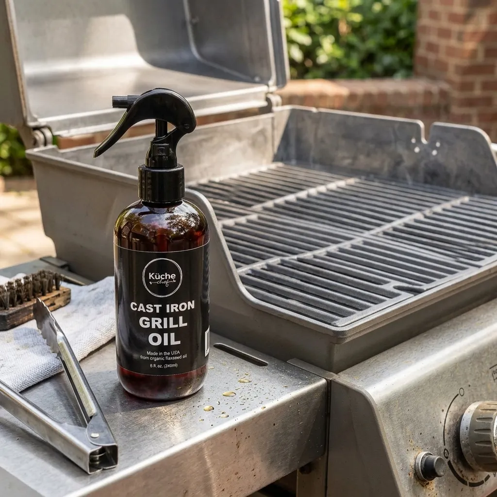 A bottle of Küche Chef Cast iron grill oil on the side shelf of a stainless steel barbecue
