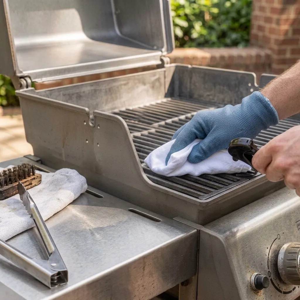 A gloved hand wiping oil onto the grates of a stainless steel barbecue with a cloth